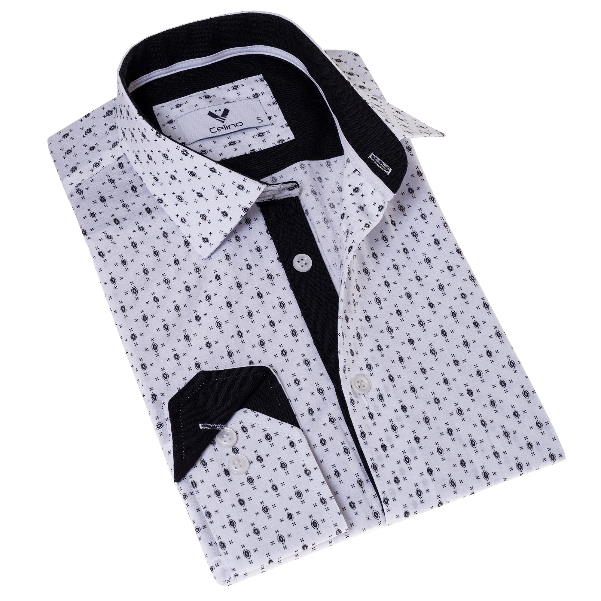 Black Printed White Slim Fit Designer Dress Shirt - tailored Cotton Shirts for Work