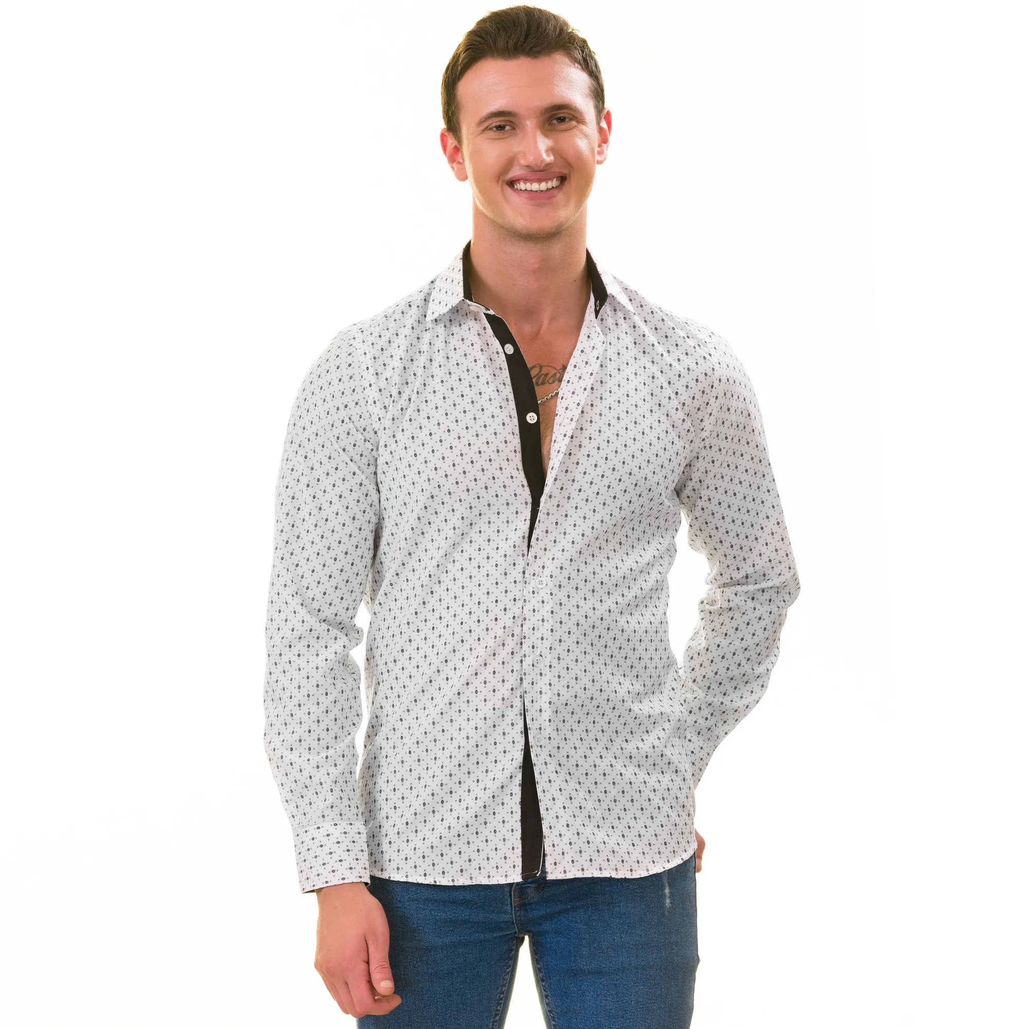 Black Printed White Slim Fit Designer Dress Shirt - tailored Cotton Shirts for Work