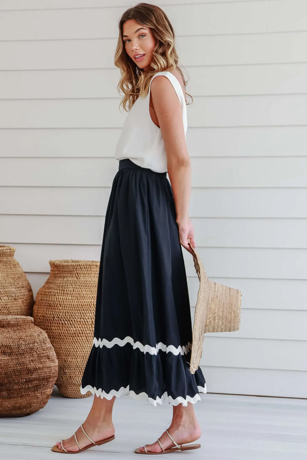 Black Ricrac Trim Colorblock High Waist Long Skirt