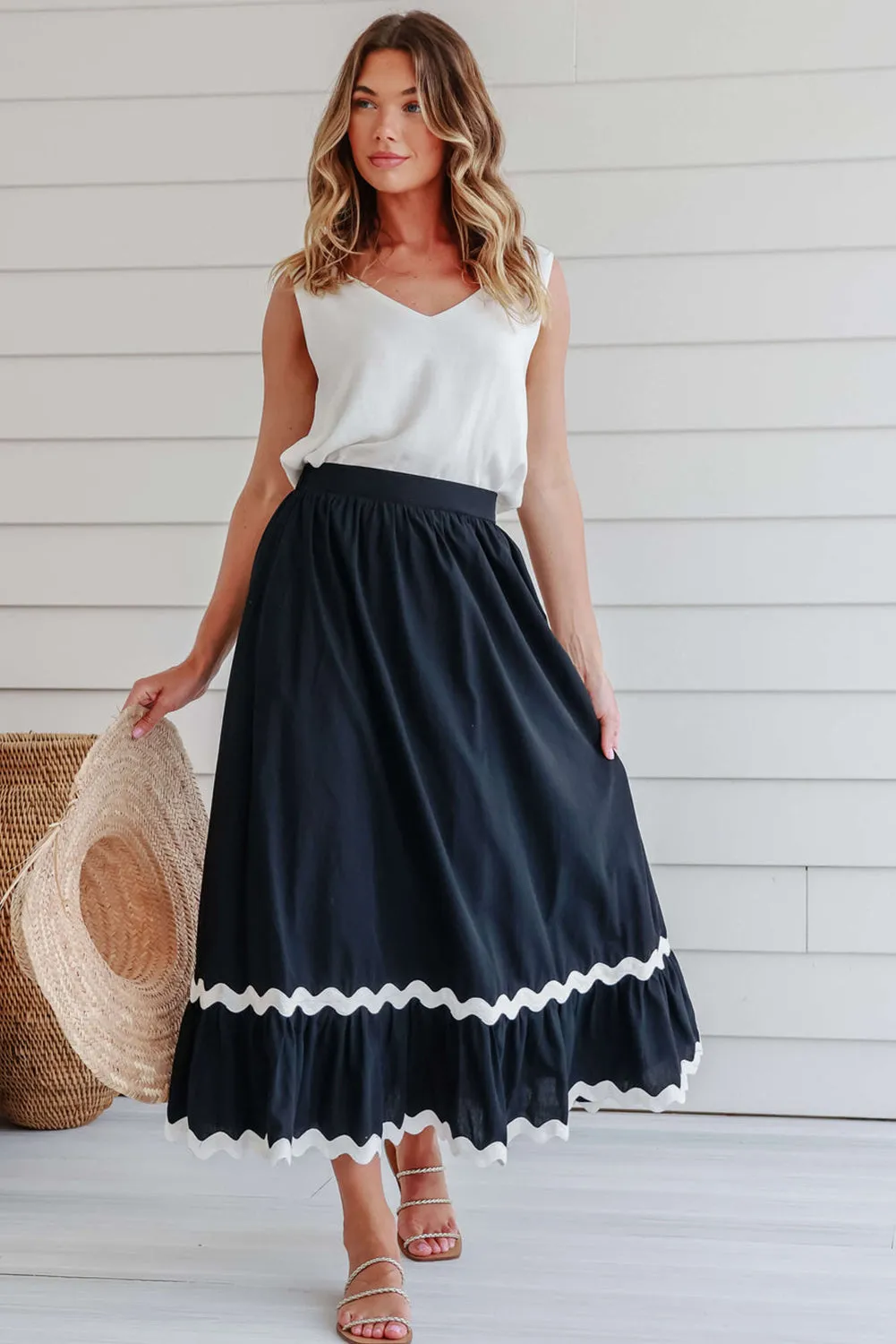 Black Ricrac Trim Colorblock High Waist Long Skirt