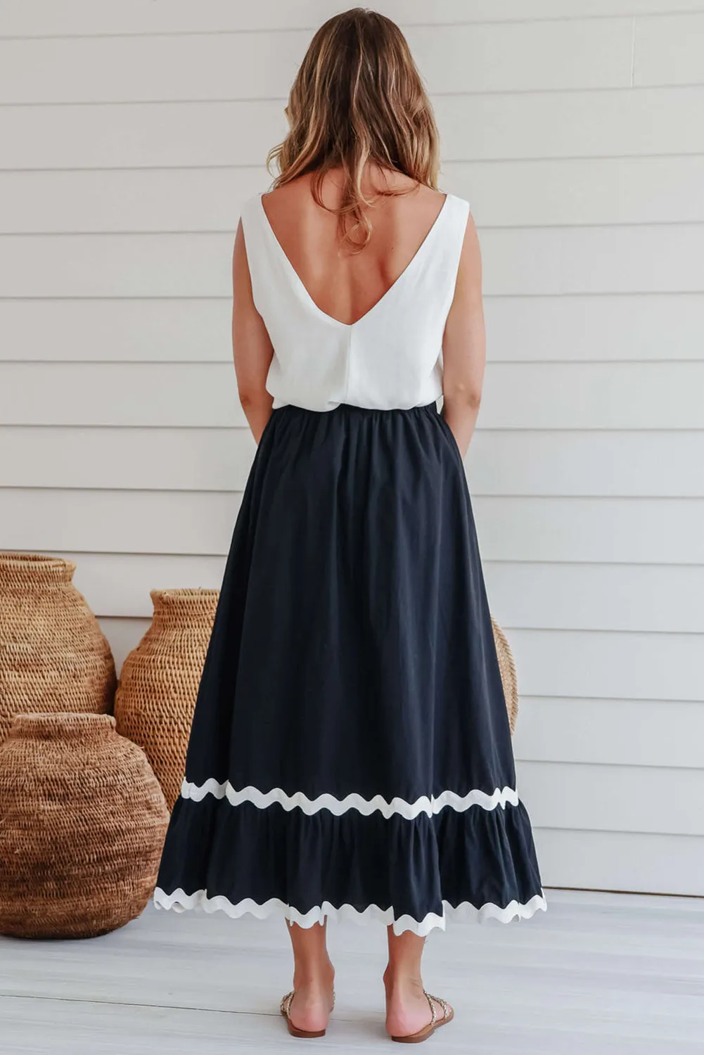 Black Ricrac Trim Colorblock High Waist Long Skirt
