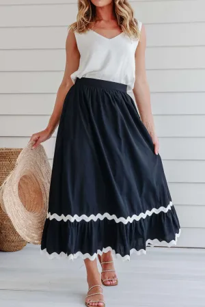 Black Ricrac Trim Colorblock High Waist Long Skirt