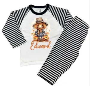 Black Stripe Print Personalised Pyjamas Halloween Scarecrow Design