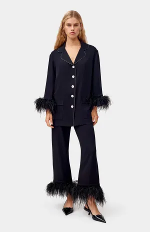 Blackout Bliss | Black Feather Satin Loungewear Set