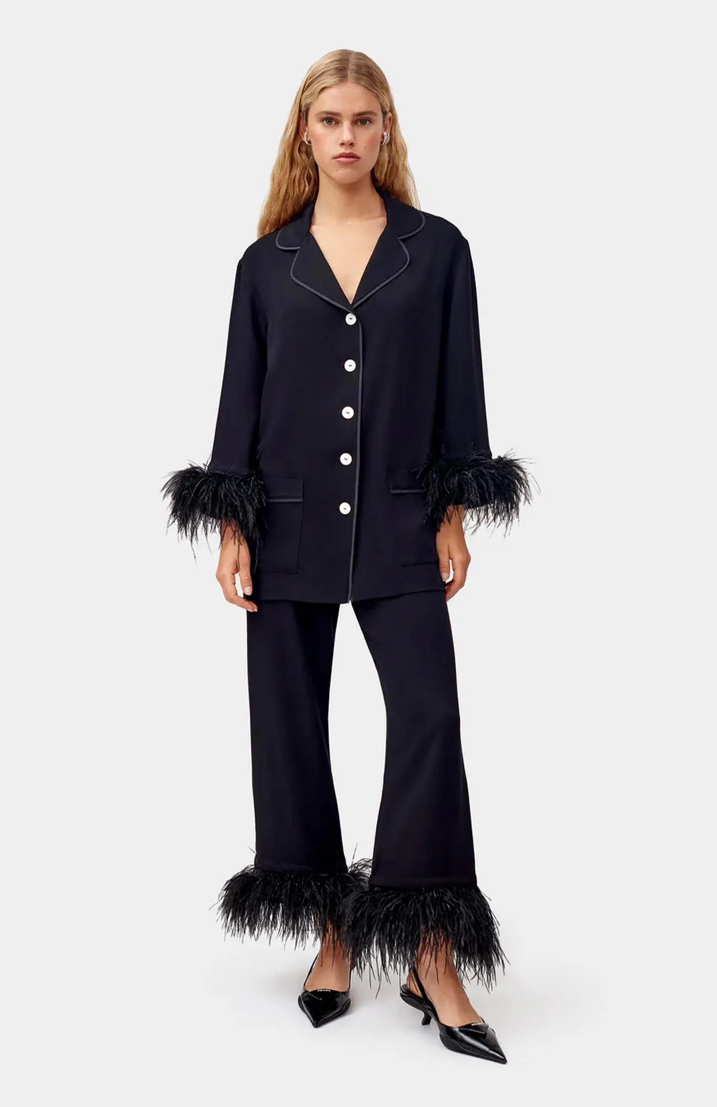 Blackout Bliss | Black Feather Satin Loungewear Set