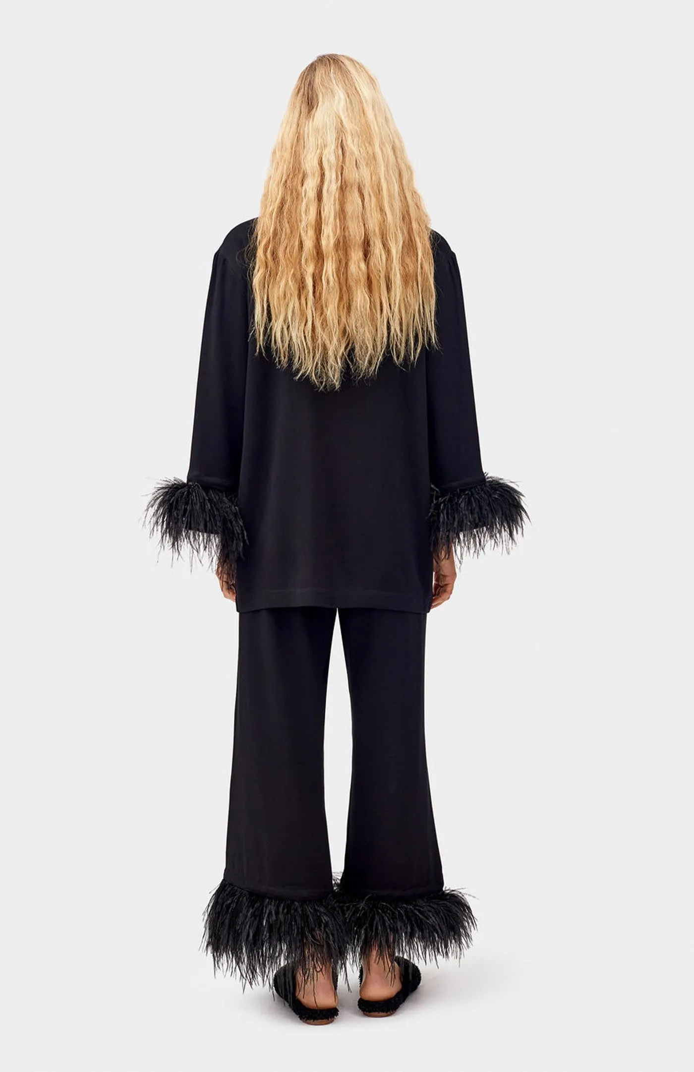 Blackout Bliss | Black Feather Satin Loungewear Set