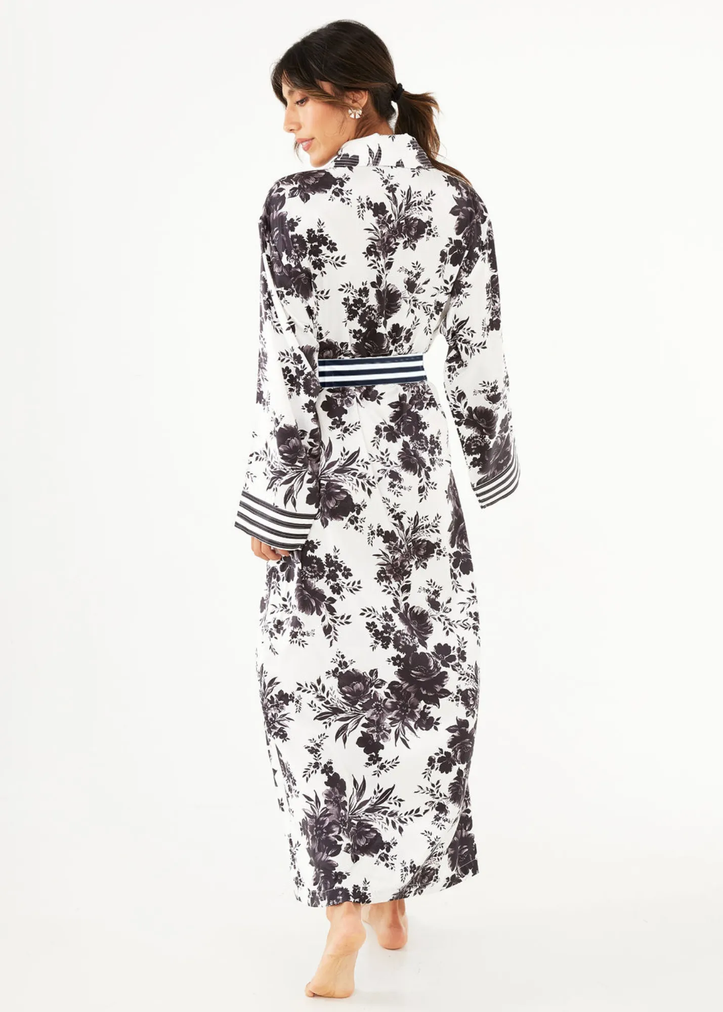 Bridget Robe Black and White Rose Chintz Satin
