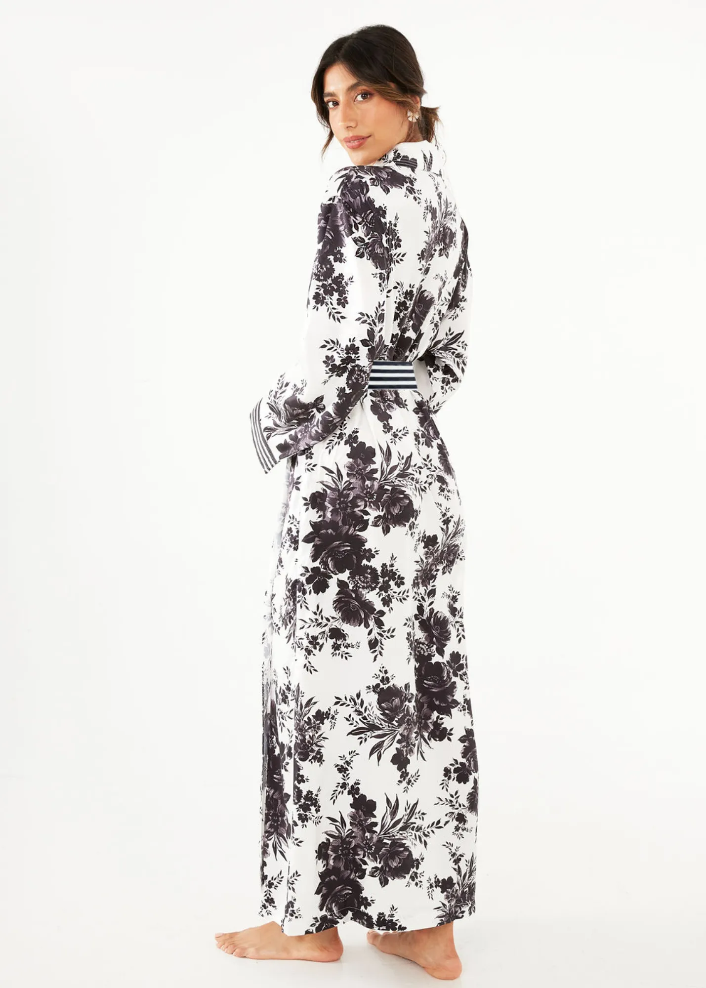 Bridget Robe Black and White Rose Chintz Satin
