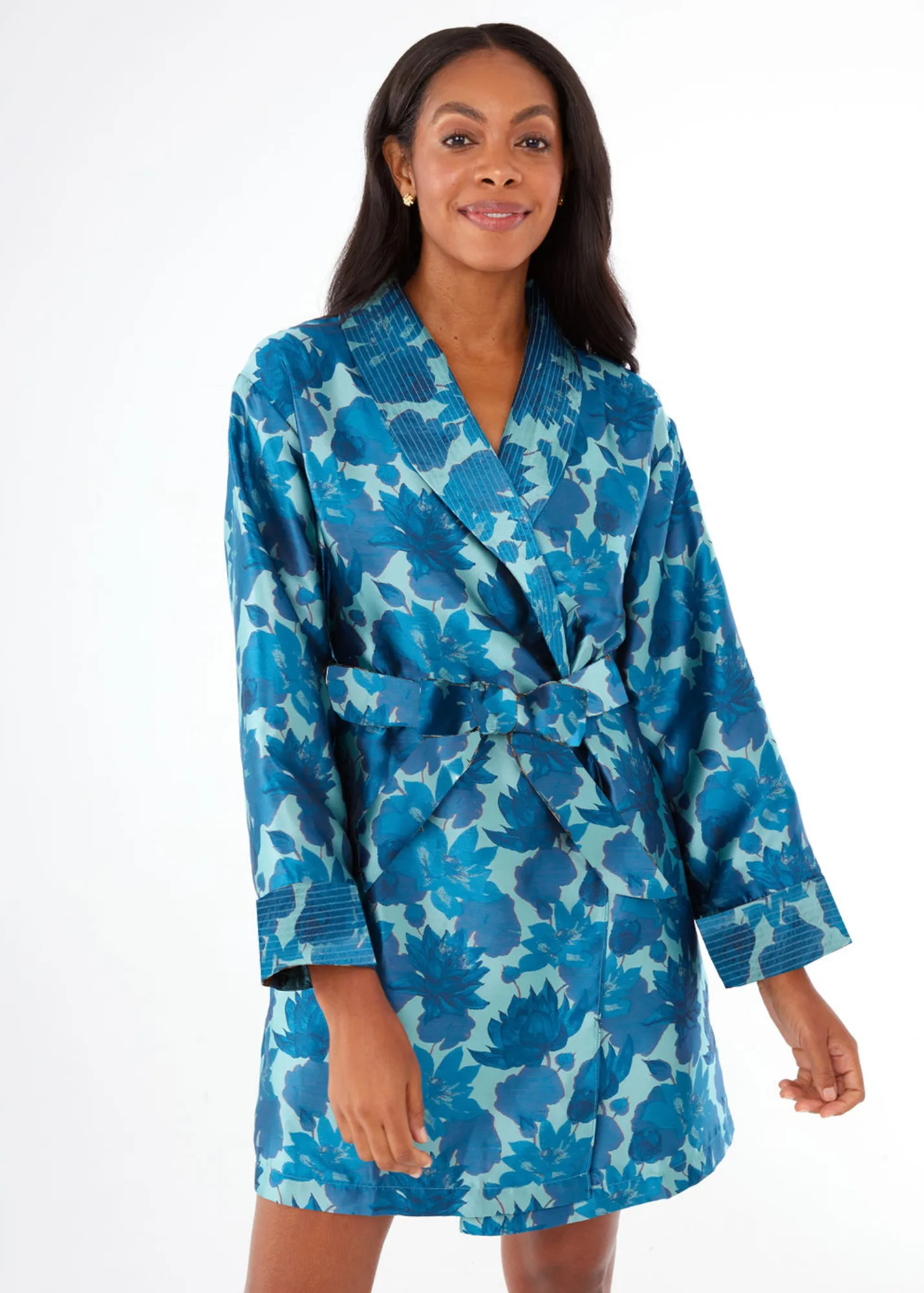 Bridget Robe Short Blue Floral Silhouette Jacquard