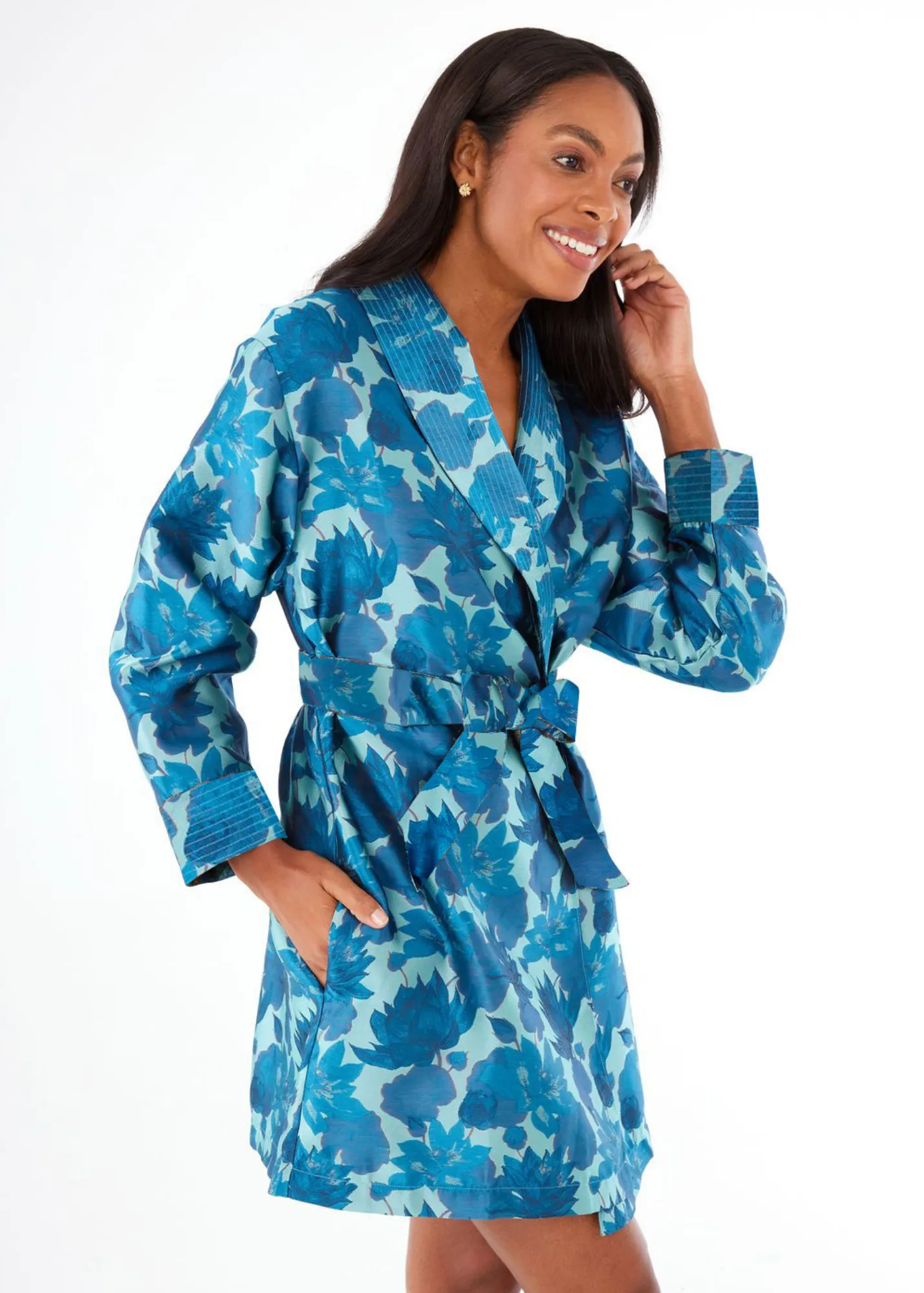 Bridget Robe Short Blue Floral Silhouette Jacquard