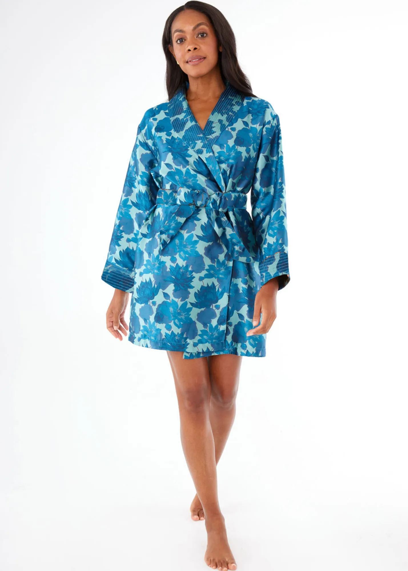 Bridget Robe Short Blue Floral Silhouette Jacquard