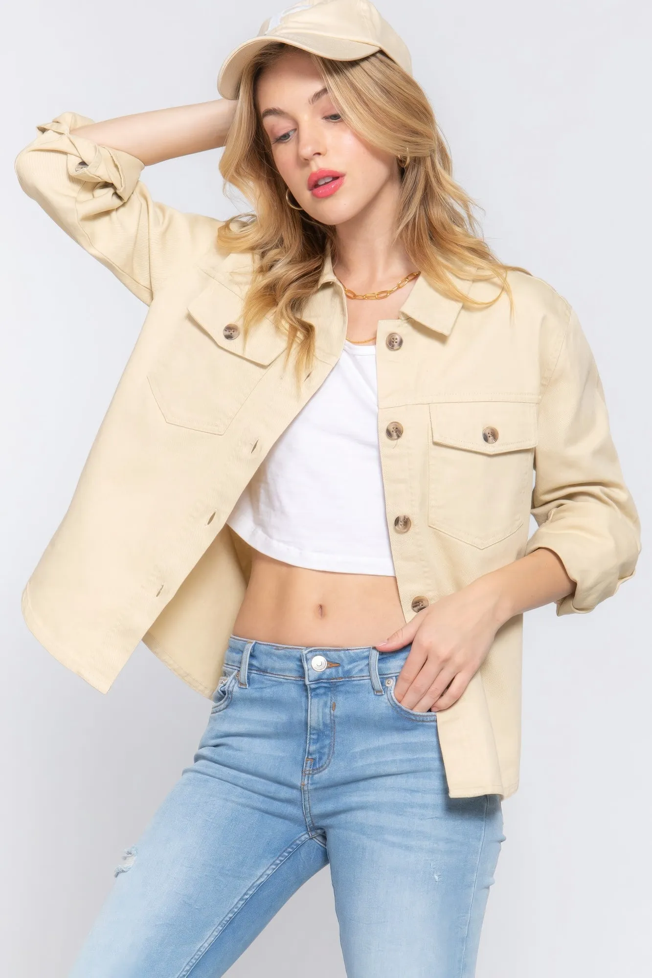 Button Down Cotton Denim Shacket