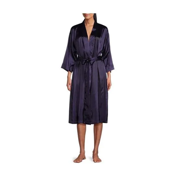 Cabernet Solid Woven Satin Tie-Waist Short Wrap Robe Navy Blue Size Large