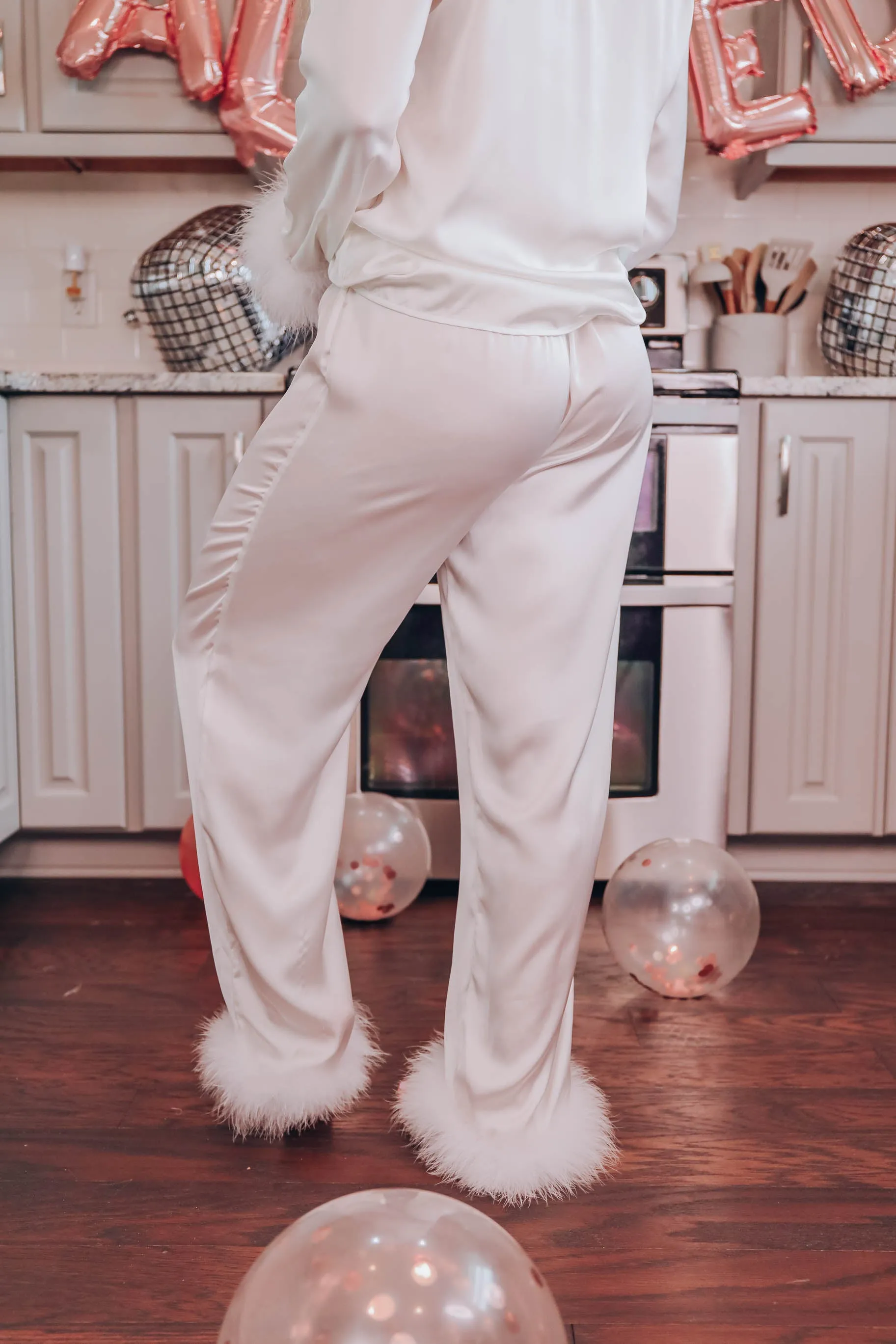 Cher Boa Trim Satin Lounge Set - Ivory