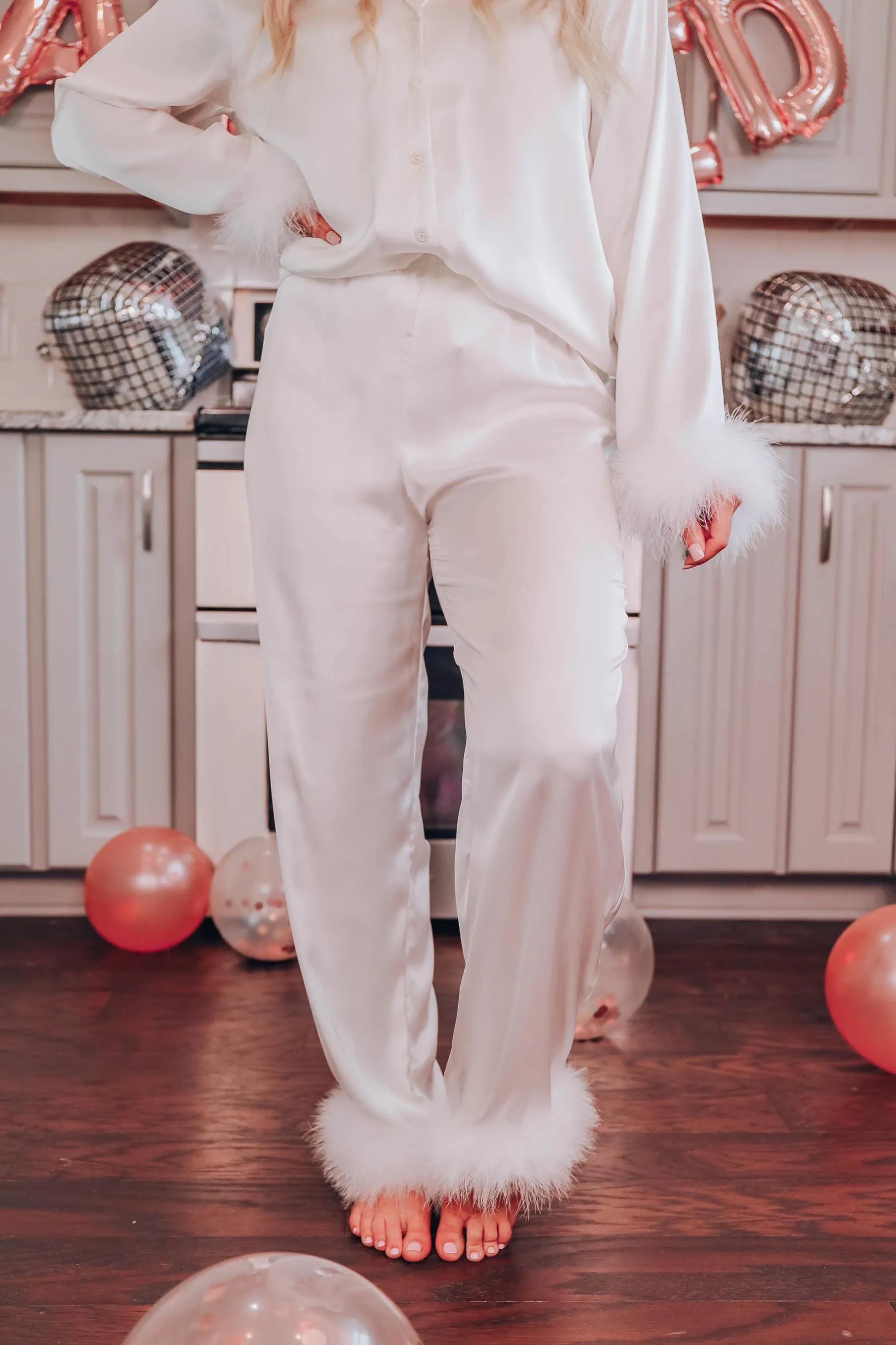 Cher Boa Trim Satin Lounge Set - Ivory