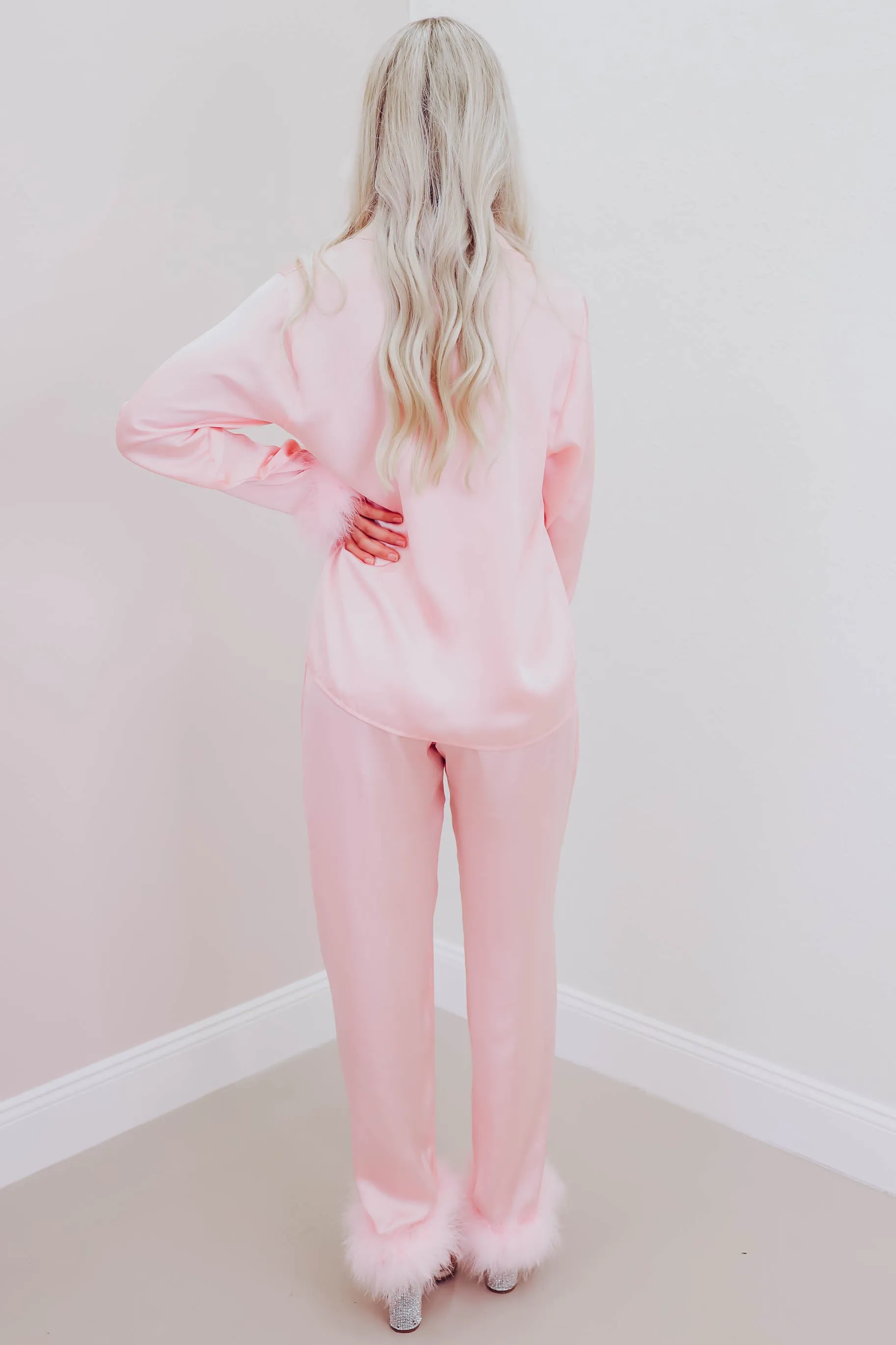 Cher Boa Trim Satin Lounge Set - Pink