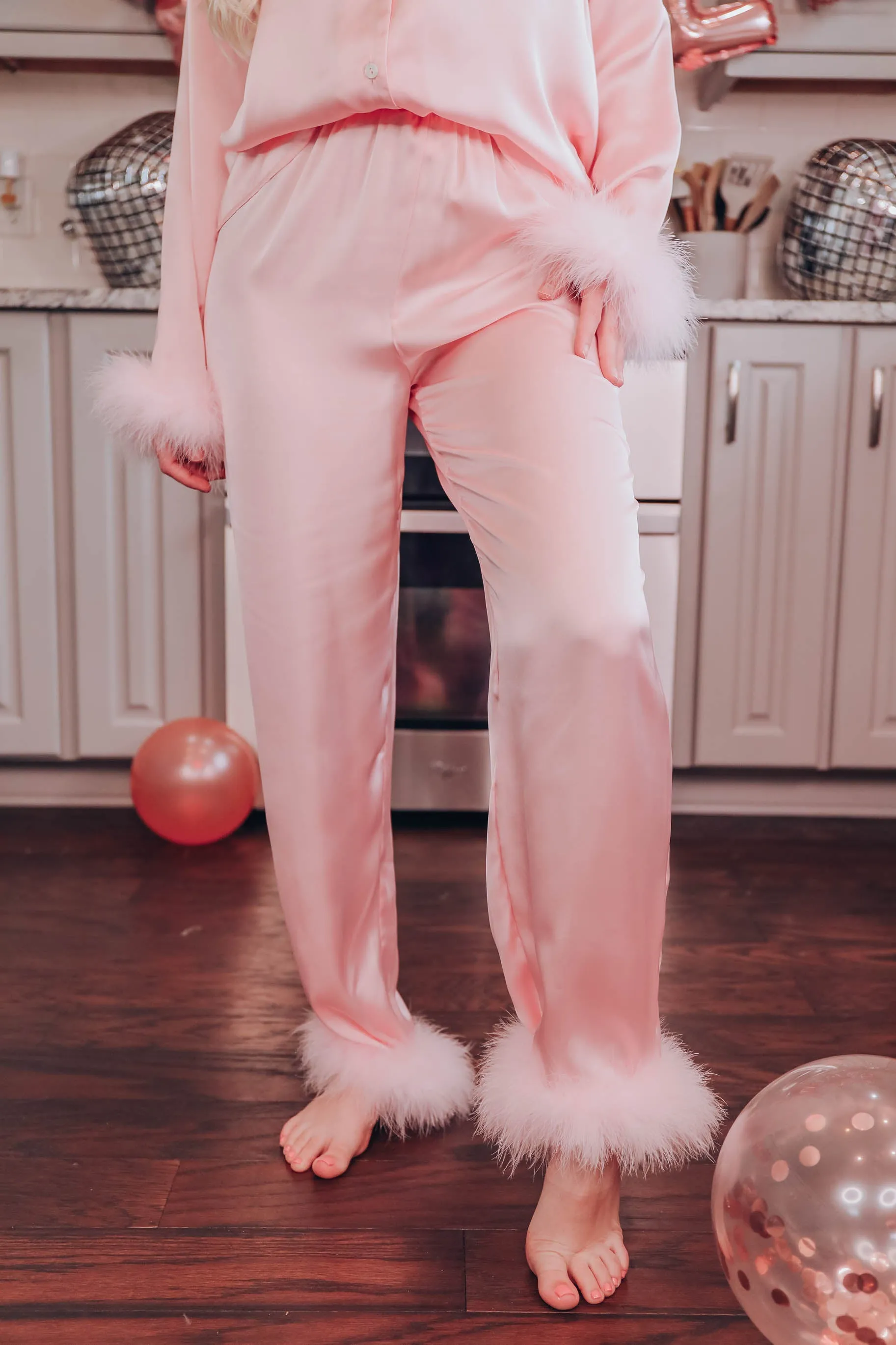 Cher Boa Trim Satin Lounge Set - Pink