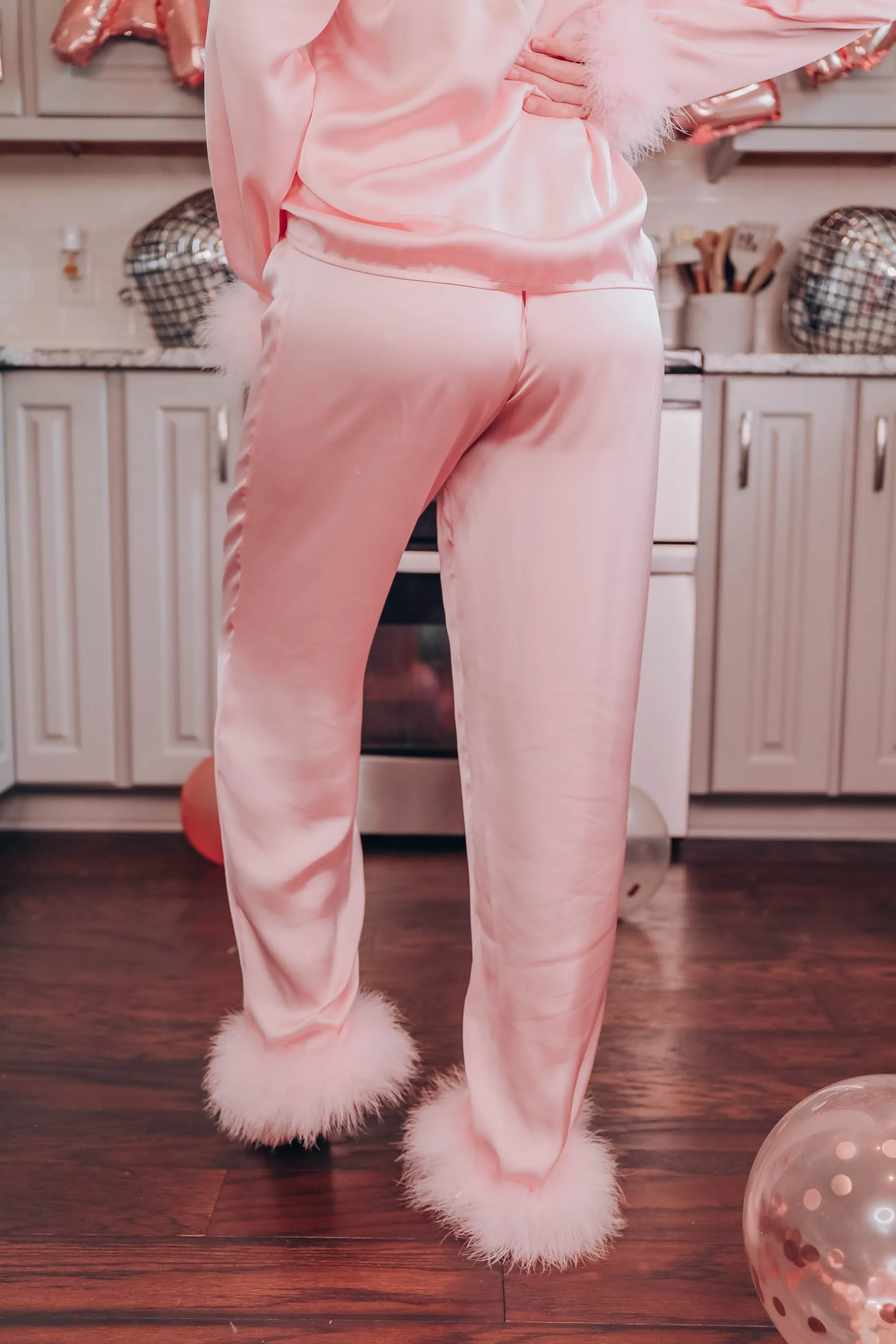 Cher Boa Trim Satin Lounge Set - Pink