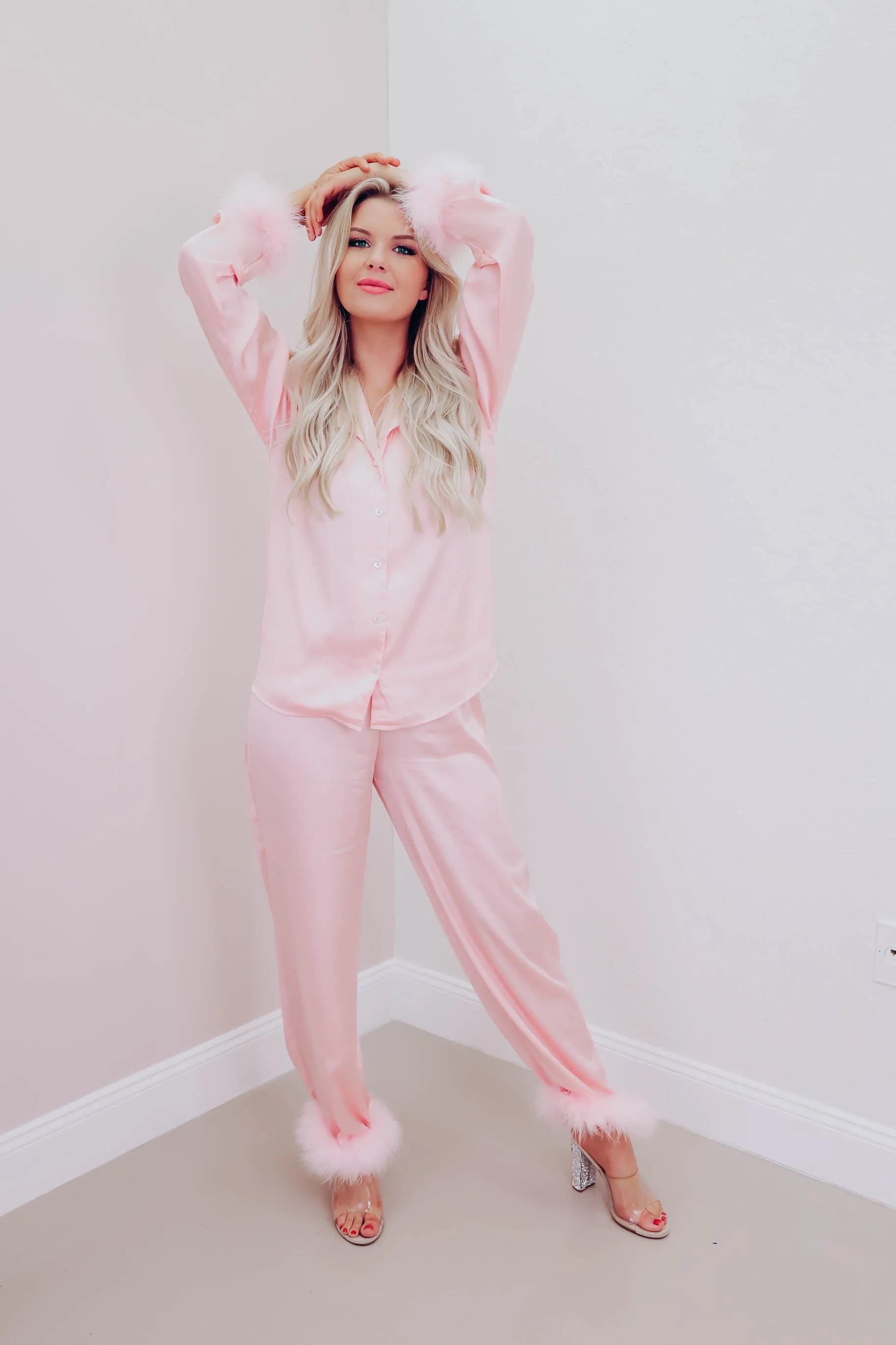 Cher Boa Trim Satin Lounge Set - Pink