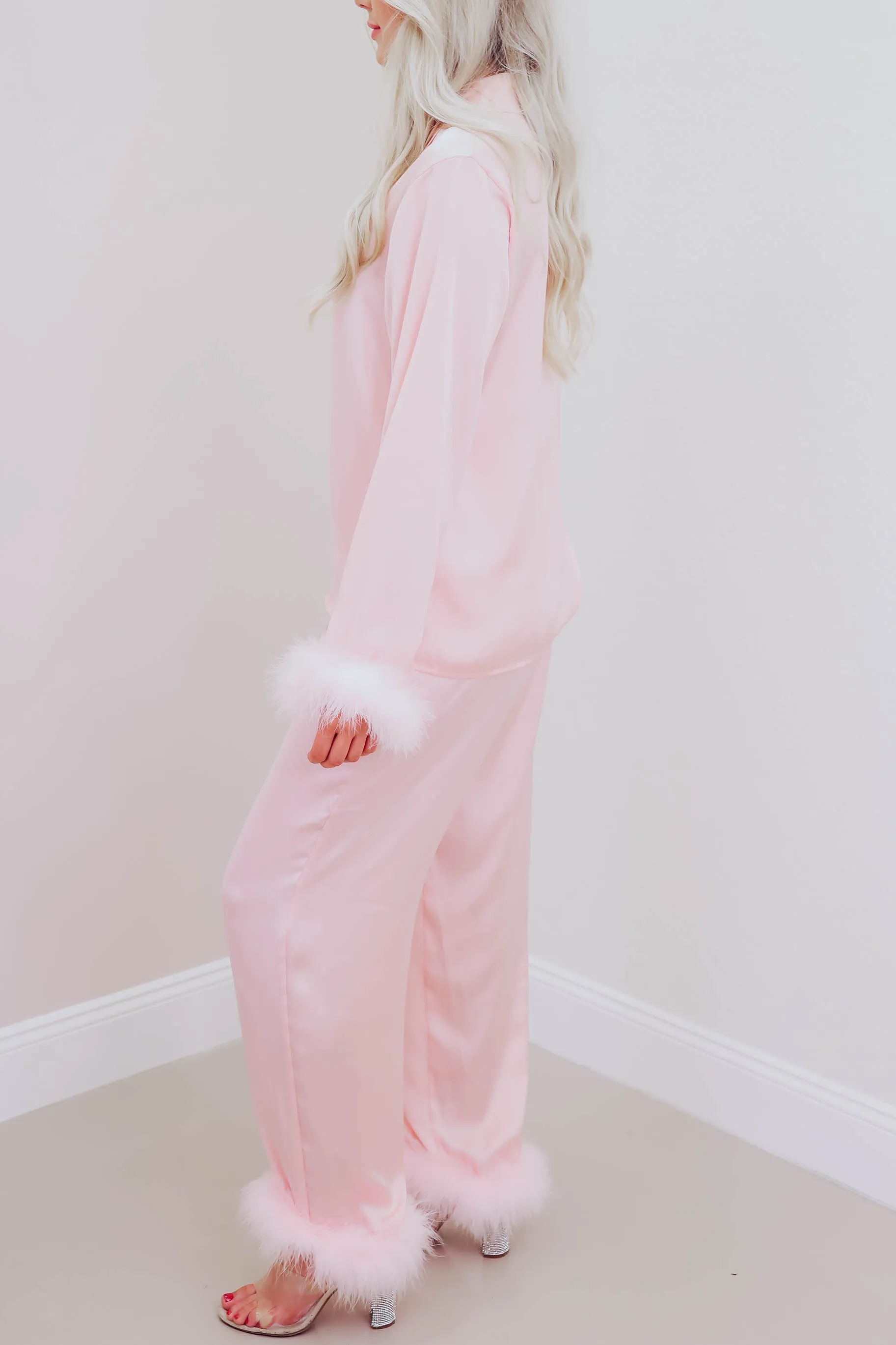 Cher Boa Trim Satin Lounge Set - Pink