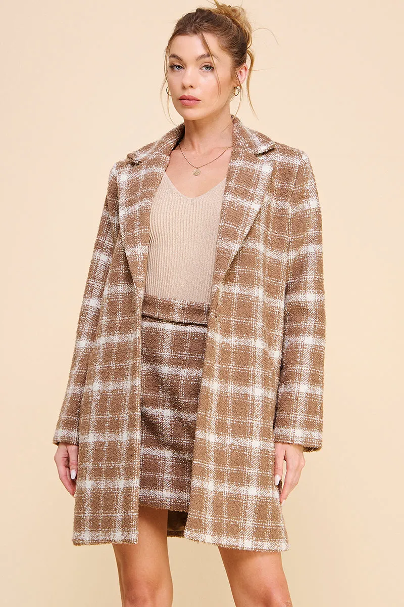Cher Plaid Boucle Long Coat - Mocha Ivory