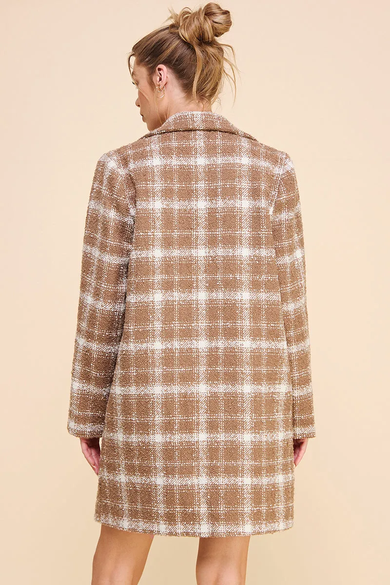 Cher Plaid Boucle Long Coat - Mocha Ivory