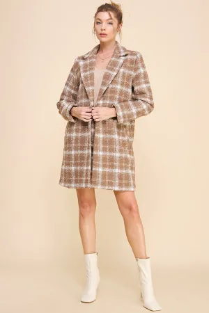 Cher Plaid Boucle Long Coat - Mocha Ivory
