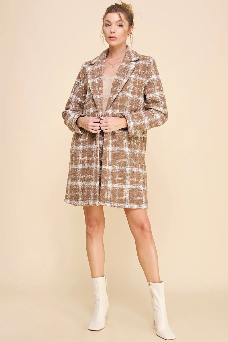Cher Plaid Boucle Long Coat - Mocha Ivory