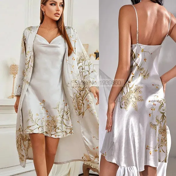 Cherry Print 2PCS Robe Set, Suspender Nightgown & Kimono Bathrobe, Satin Sleepwear