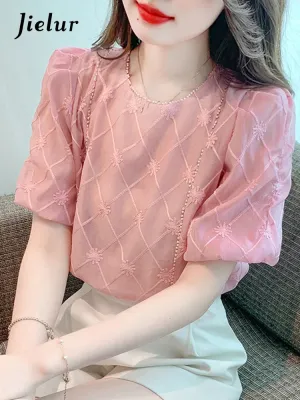Chinese Style Vintage Lace Ruffled Women's Blouse Puff Sleeve Chiffon Embroidery Solid Color Summer Female Blouses