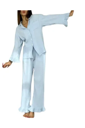 Chouyatou Womens Muslin Pajama Set Cotton Gauze Loungewear 3 Piece Long Sleeve Button Down Sleepwear Ruffle Pj Set