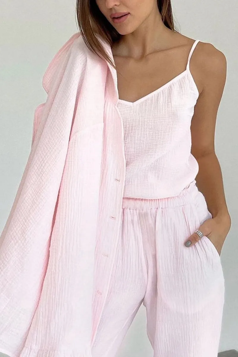 Chouyatou Womens Muslin Pajama Set Cotton Gauze Loungewear 3 Piece Long Sleeve Button Down Sleepwear Ruffle Pj Set