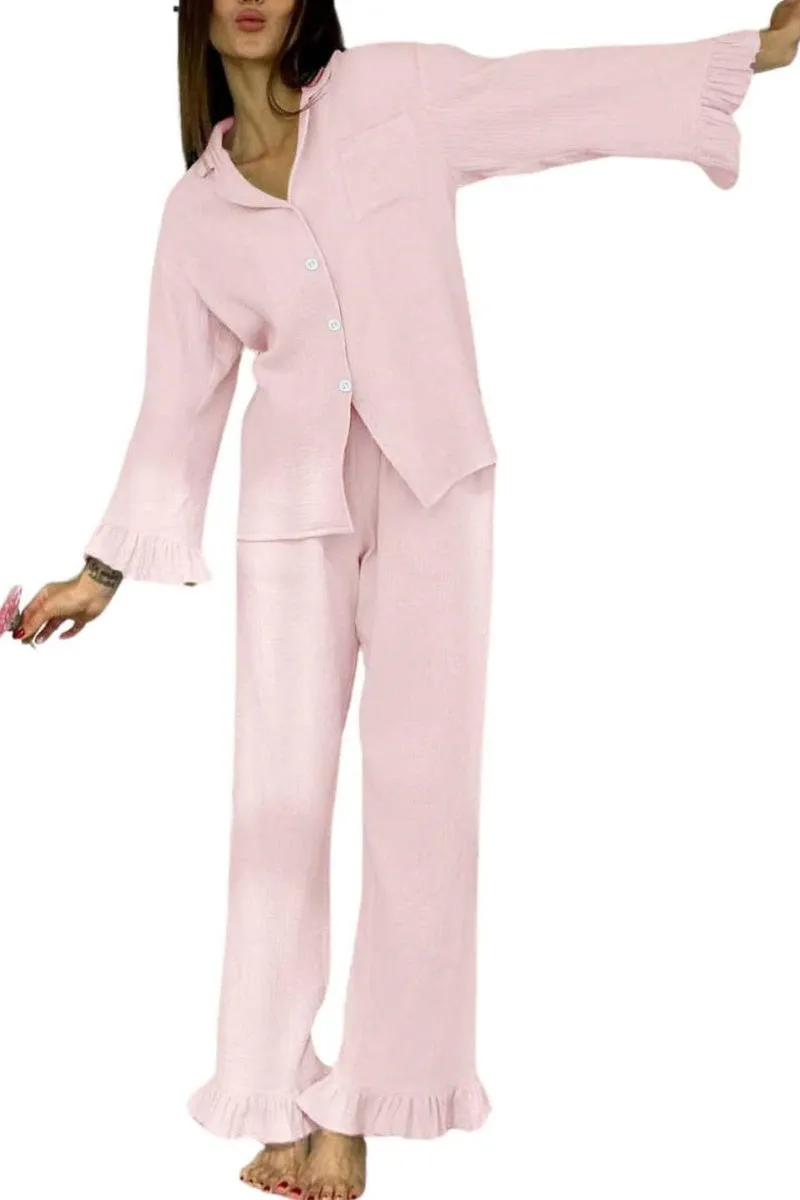 Chouyatou Womens Muslin Pajama Set Cotton Gauze Loungewear 3 Piece Long Sleeve Button Down Sleepwear Ruffle Pj Set