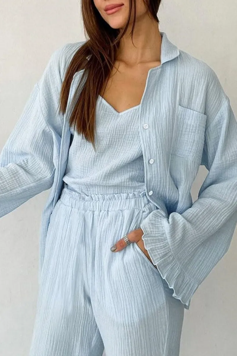 Chouyatou Womens Muslin Pajama Set Cotton Gauze Loungewear 3 Piece Long Sleeve Button Down Sleepwear Ruffle Pj Set