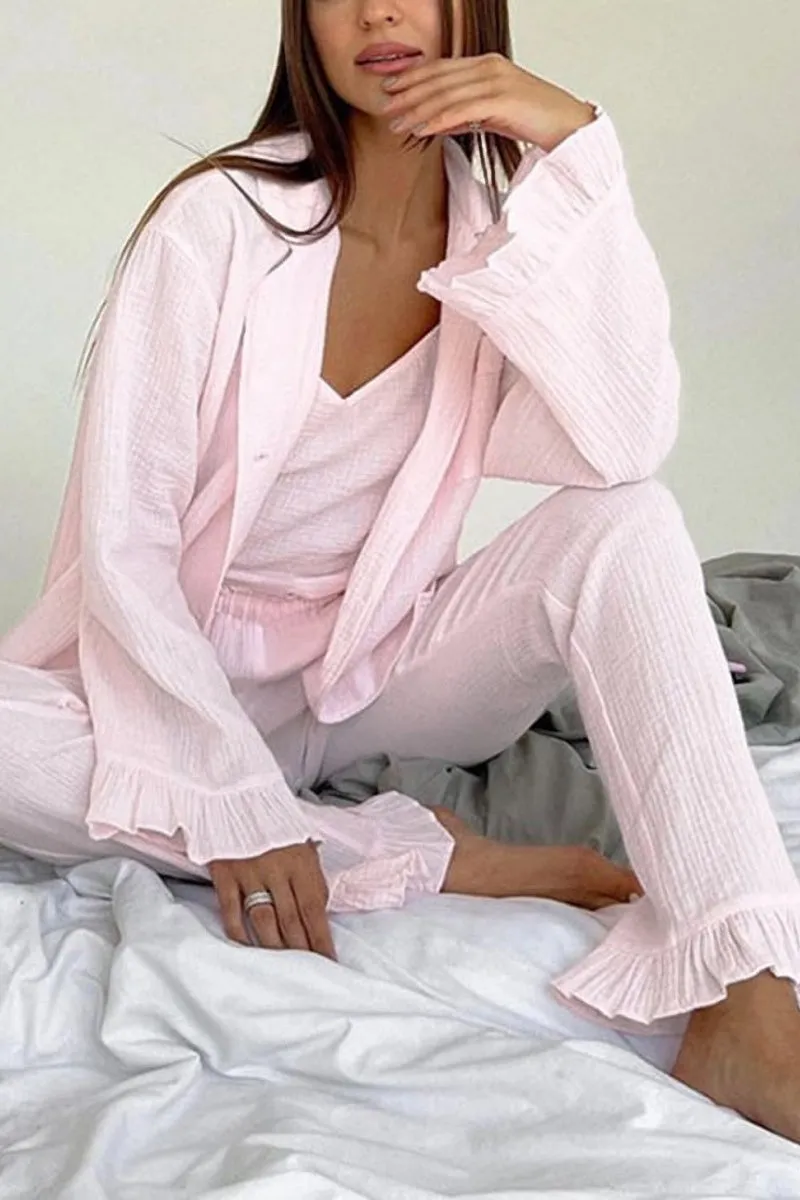 Chouyatou Womens Muslin Pajama Set Cotton Gauze Loungewear 3 Piece Long Sleeve Button Down Sleepwear Ruffle Pj Set