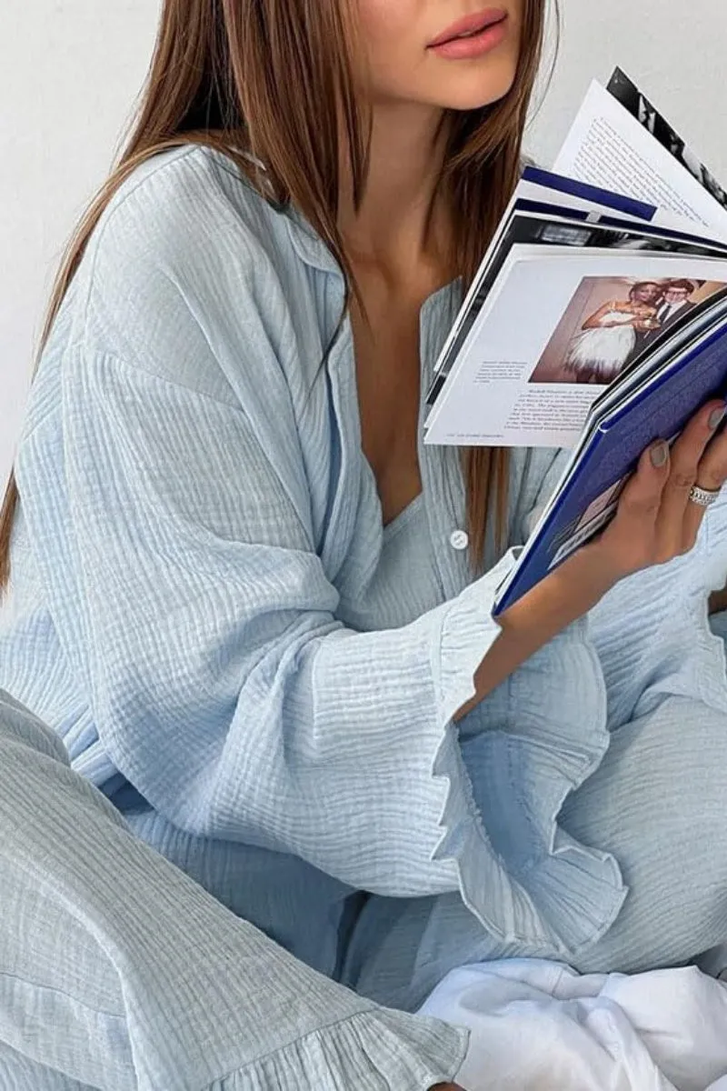 Chouyatou Womens Muslin Pajama Set Cotton Gauze Loungewear 3 Piece Long Sleeve Button Down Sleepwear Ruffle Pj Set