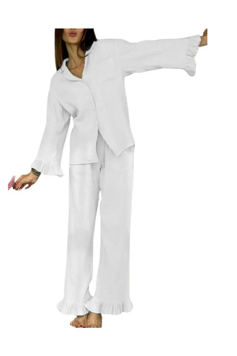 Chouyatou Womens Muslin Pajama Set Cotton Gauze Loungewear 3 Piece Long Sleeve Button Down Sleepwear Ruffle Pj Set