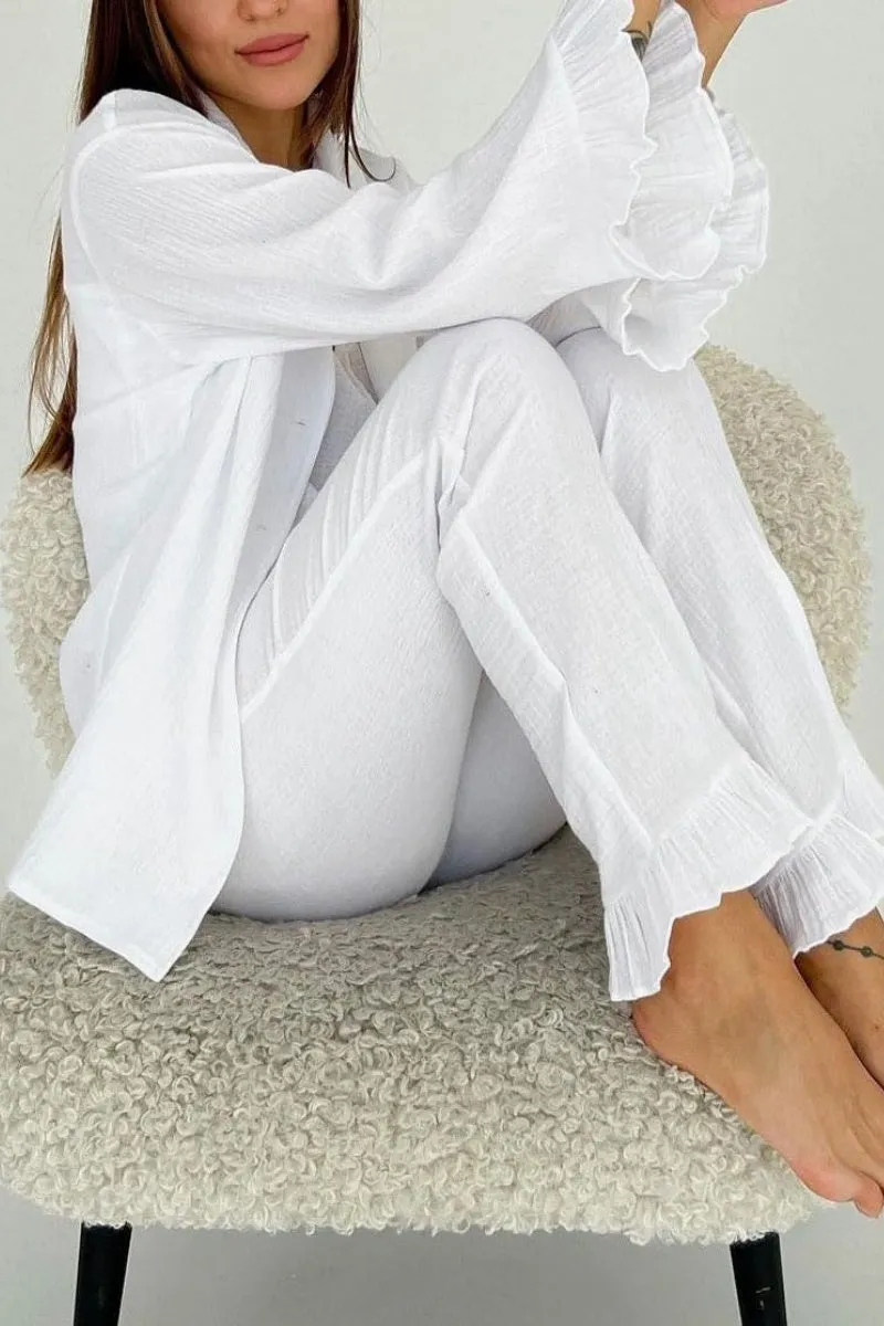Chouyatou Womens Muslin Pajama Set Cotton Gauze Loungewear 3 Piece Long Sleeve Button Down Sleepwear Ruffle Pj Set