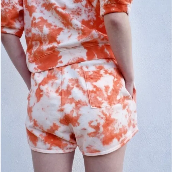 Clare V Tie Dye Sweat Shorts With Eye Detail Tangerine Orange Small Loungewear