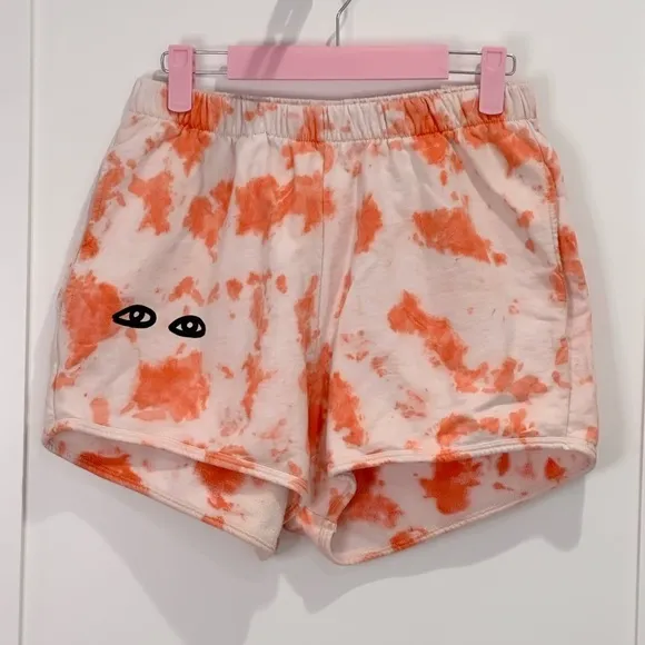 Clare V Tie Dye Sweat Shorts With Eye Detail Tangerine Orange Small Loungewear
