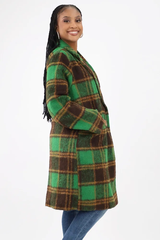 Classic Fuzzy Mohair-Like Plaid Coat -Green