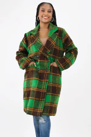 Classic Fuzzy Mohair-Like Plaid Coat -Green
