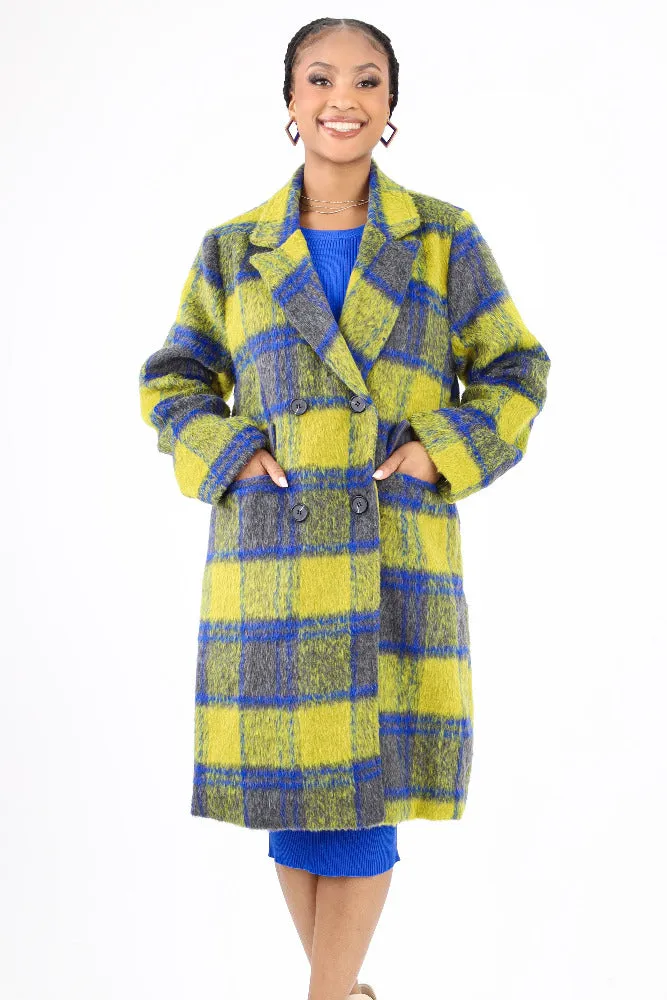 Classic Fuzzy Mohair-Like Plaid Coat -Green