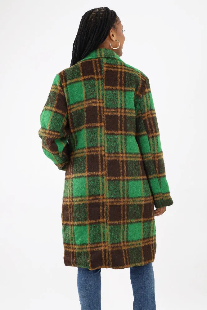 Classic Fuzzy Mohair-Like Plaid Coat -Green