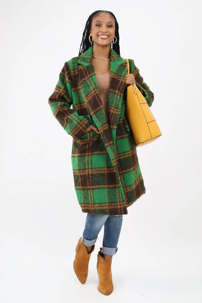Classic Fuzzy Mohair-Like Plaid Coat -Green