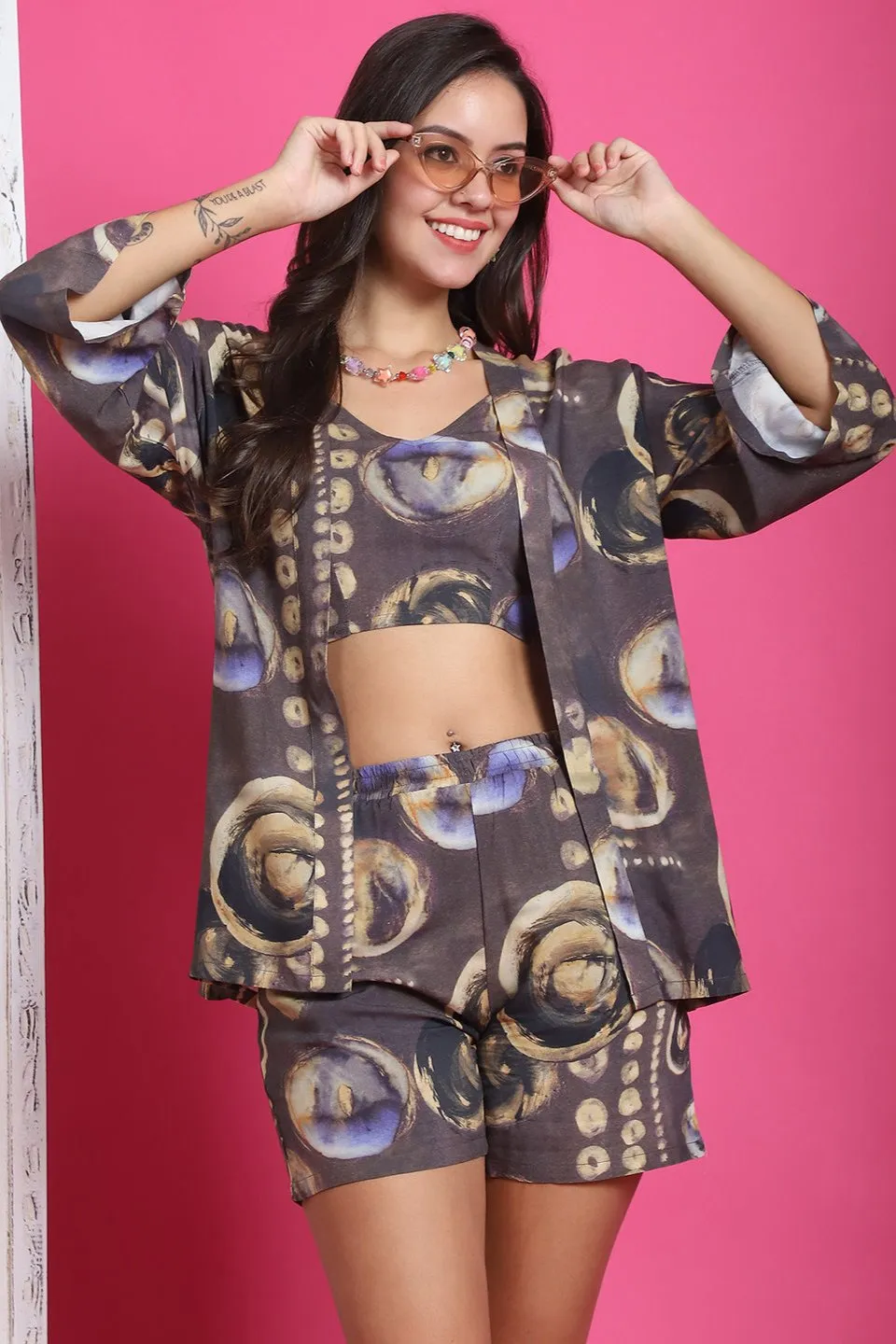 Coffee Color Abstract Printed Viscose Rayon 3 pcs Coverup Set With Robe Beachwear For Woman