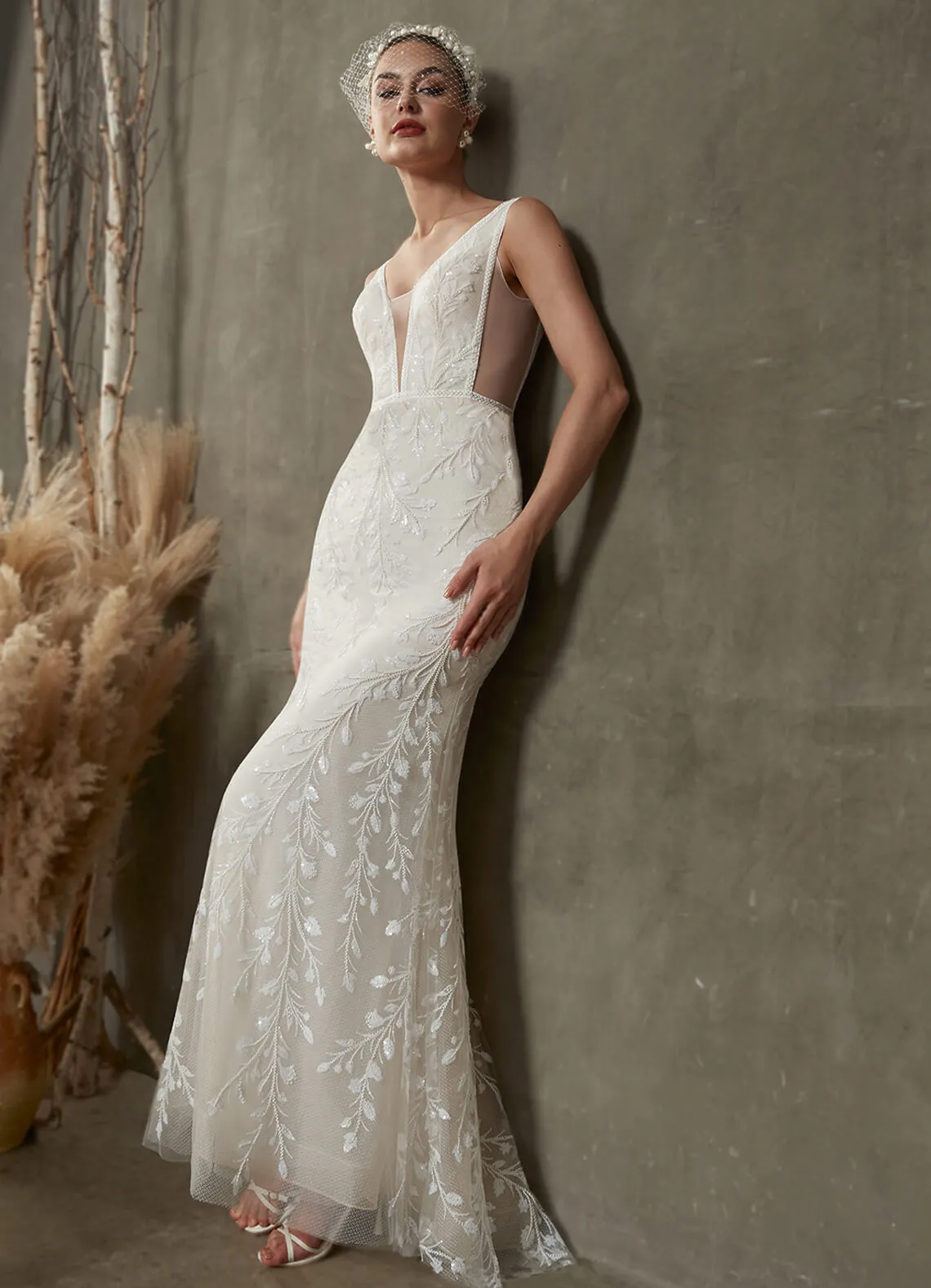 Convertible V-Neck Sleeveless Wedding Dress With Detachable Train