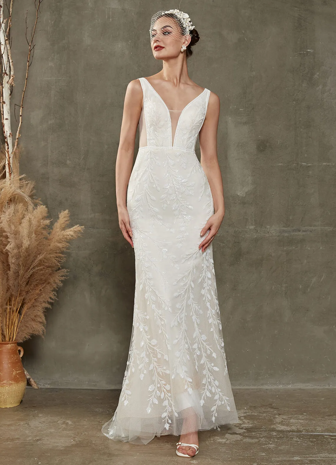Convertible V-Neck Sleeveless Wedding Dress With Detachable Train