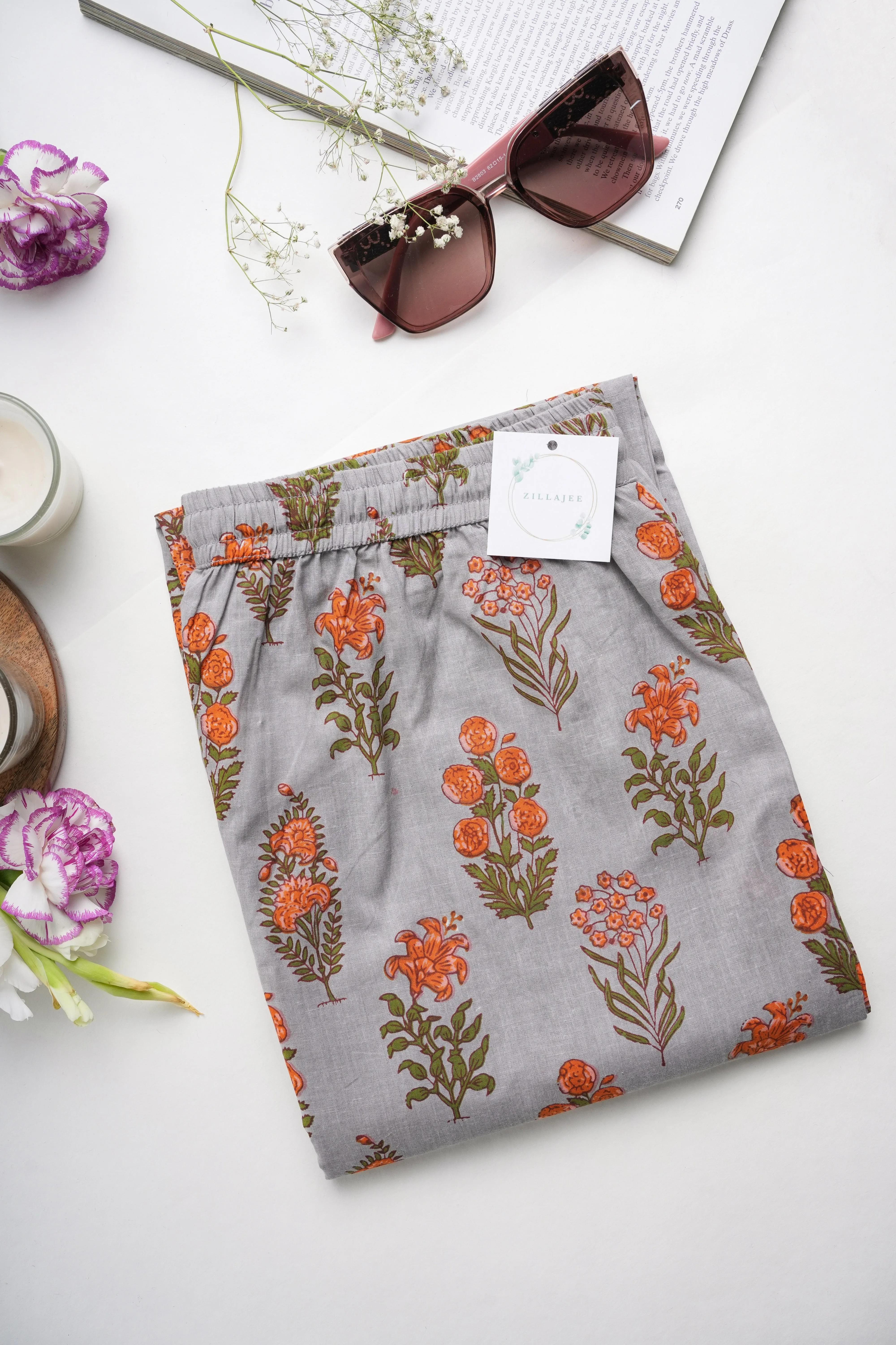 Cotton Pajama Pants Women - Smoky Blooms