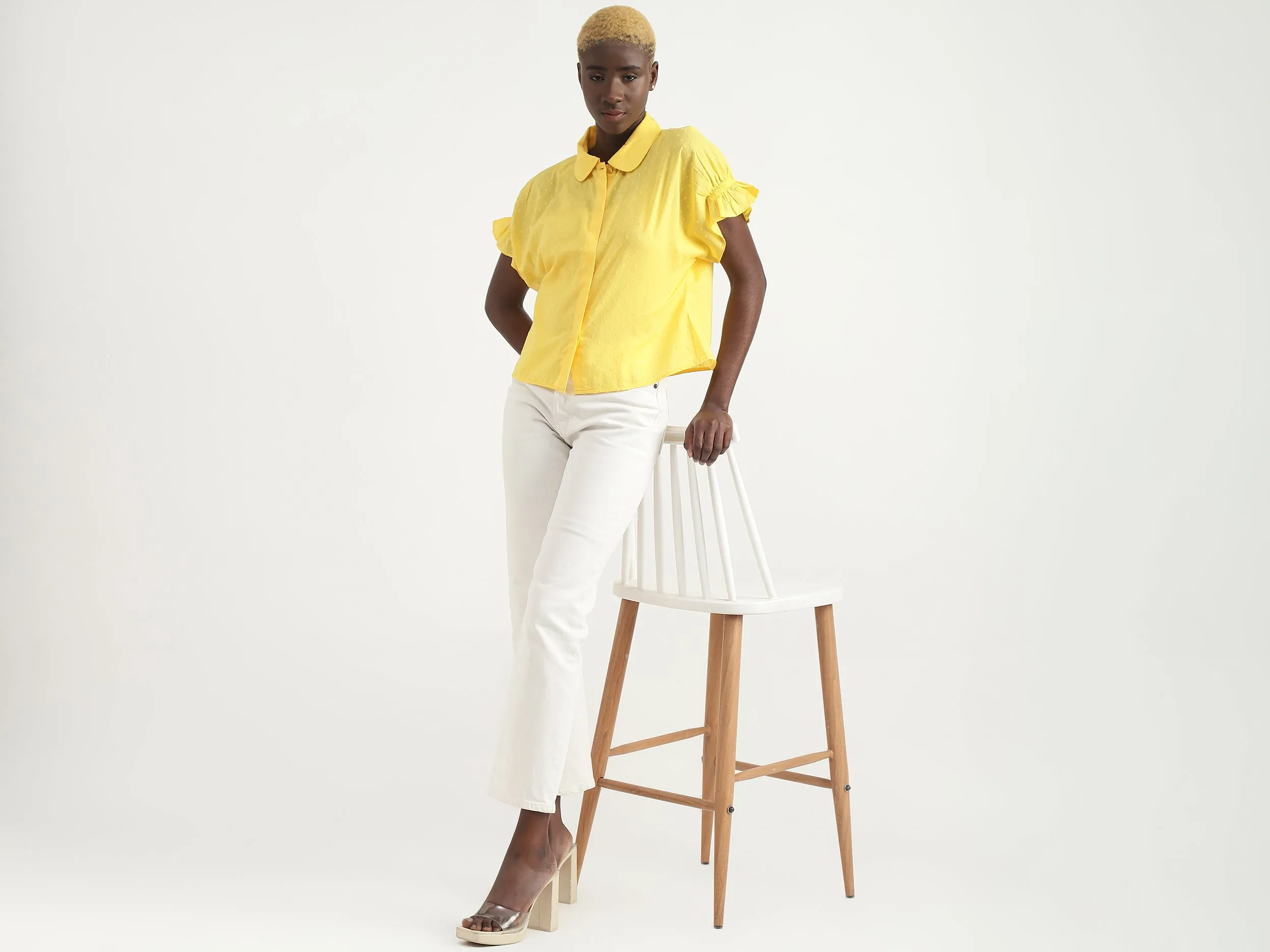 Cotton Solid Spread Collar Women Shirts
